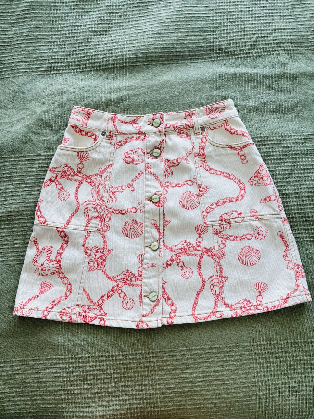 GANNI Denim White & Coral Print Mini Skirt, size EU38